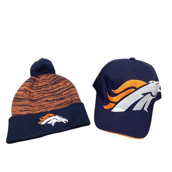 Lot Denver Broncos Reebok Strapback Baseball Cap + Nike Team Knit Pom Beanie Hat - Picture 1 of 11